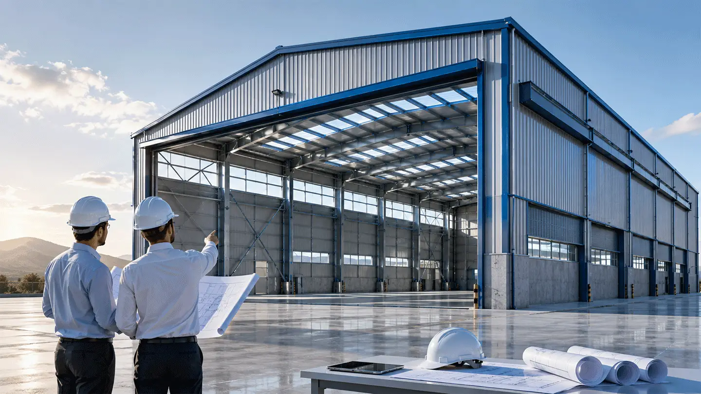 A completed steel hangar with a full-span open bay, two engineers reviewing drawings in front