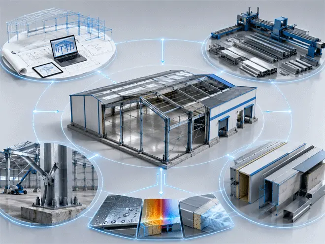 Stages of building a steel hangar: design, cutting, column bases, sandwich panels, finished frame